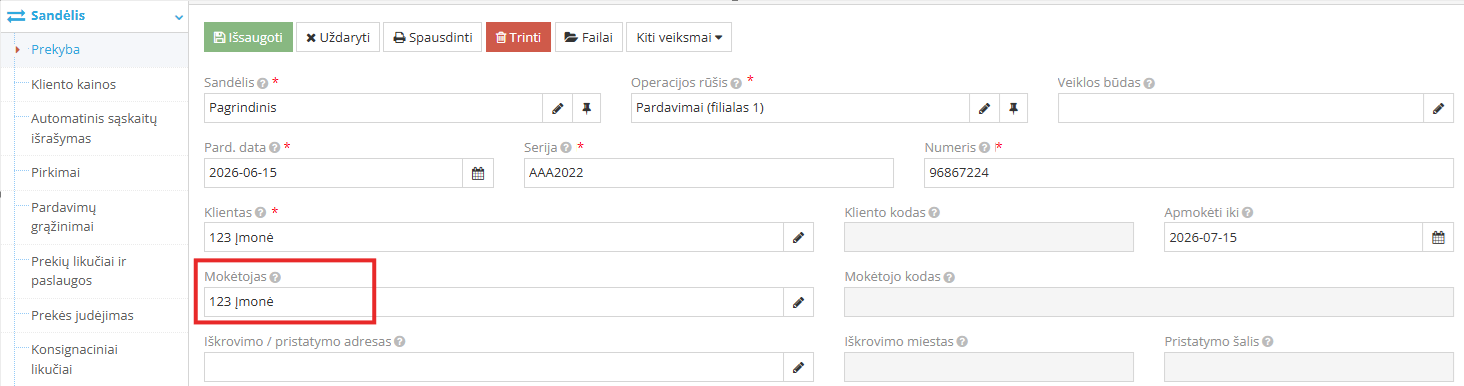 Mokėtojo parinkimo langas pardavimo dokumente
